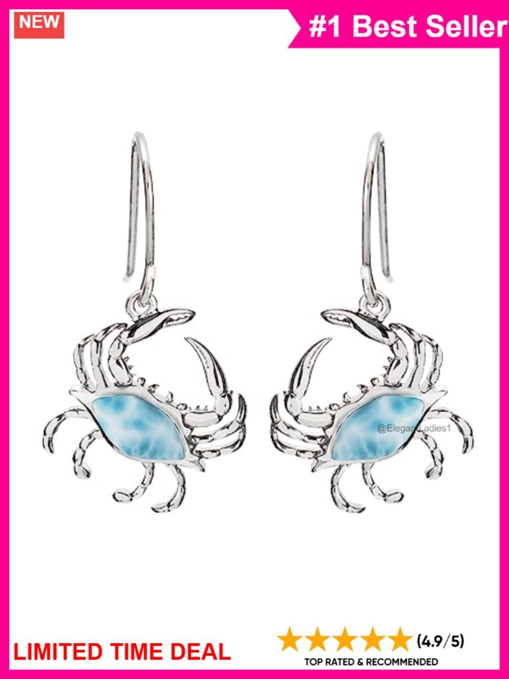 925 Sterling Silver Natural Larimar Crab Dangle Hook Earrings Hypoallergenic